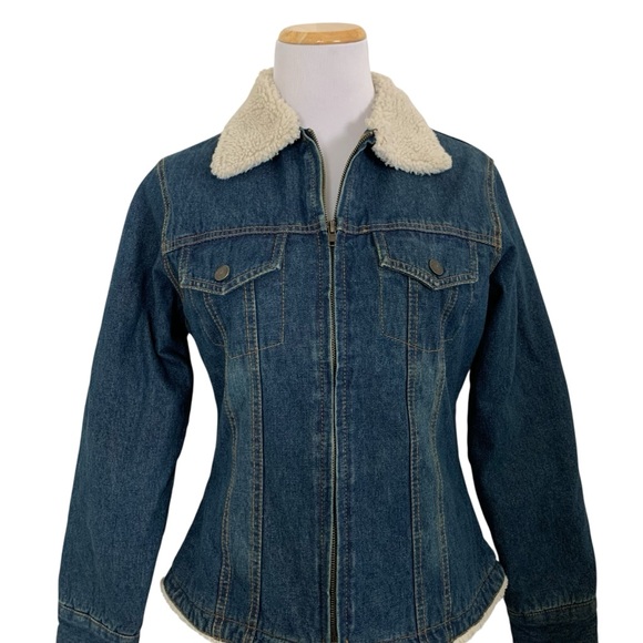 Vintage Y2K Shearling Accent Jean Jacket Womens M Denim Full Zip Moto Fitted - Picture 1 of 16